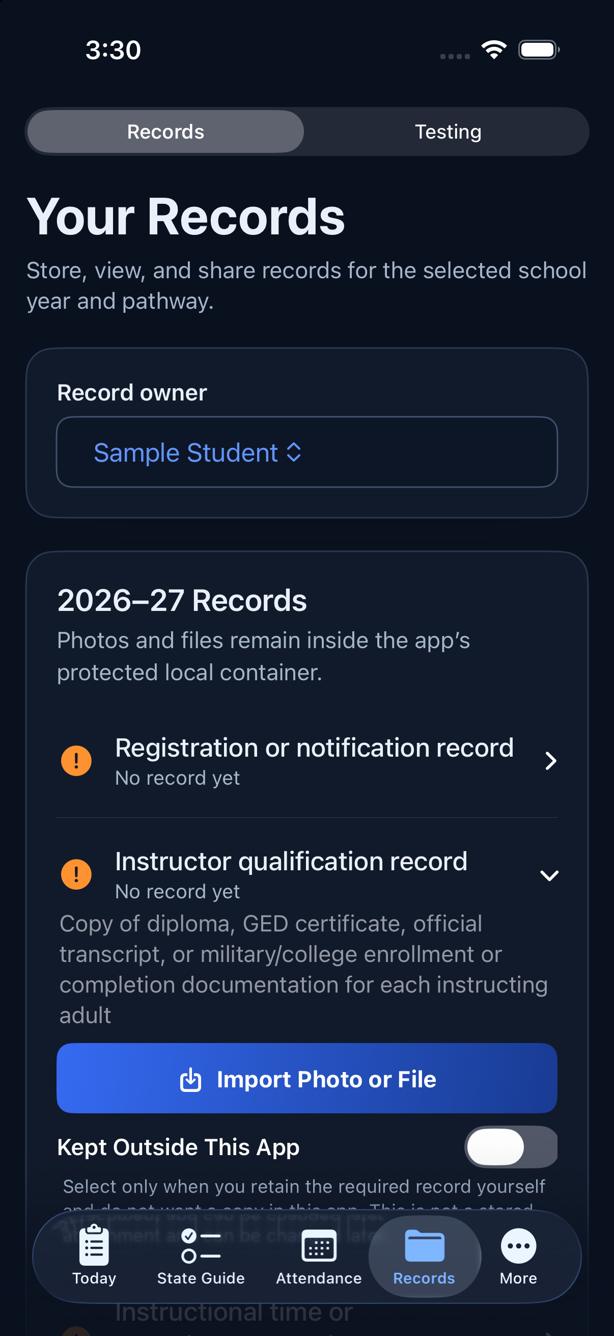 Homeschool Assistant Records screen in dark appearance with a record opened to import a photo or file or mark it kept outside the app