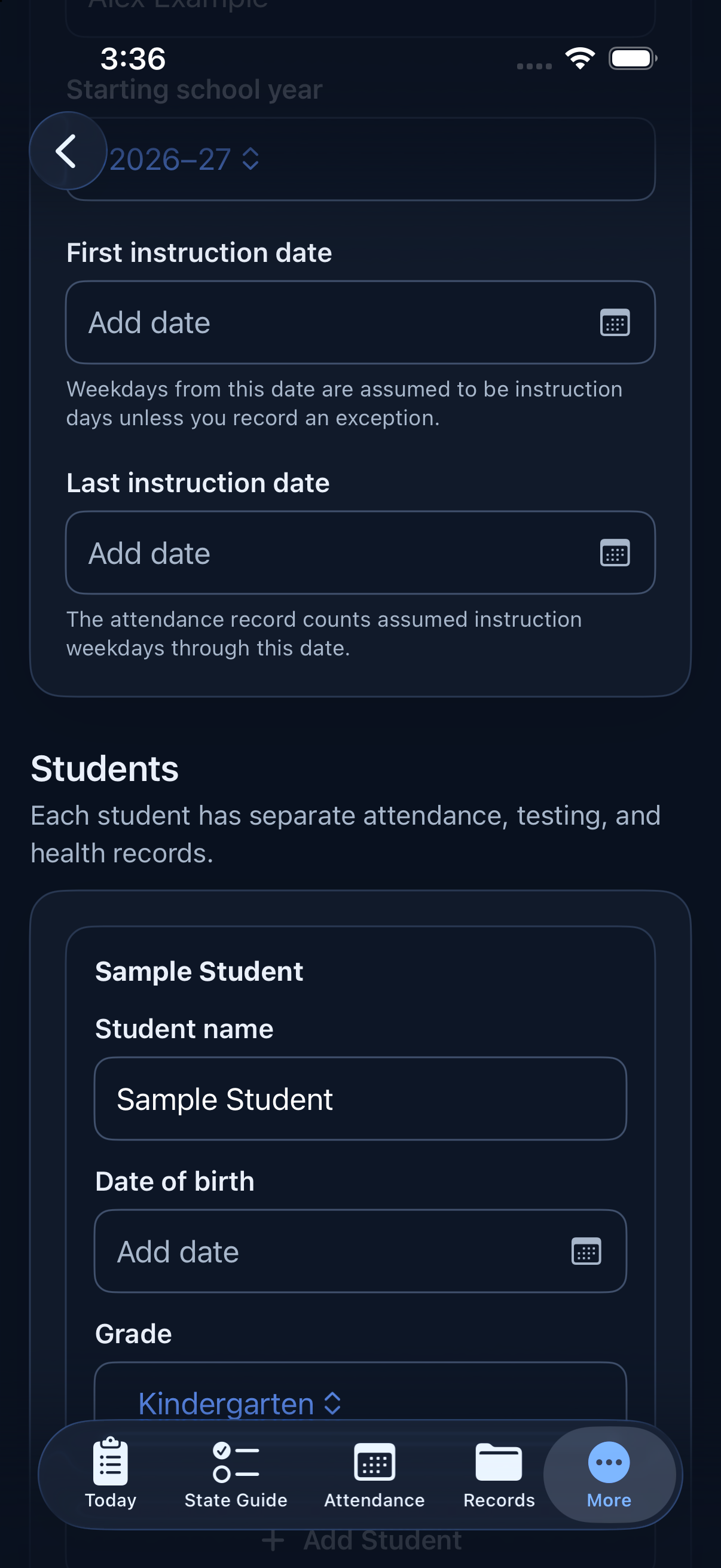 Enlarged Homeschool Assistant Setup screen in dark appearance